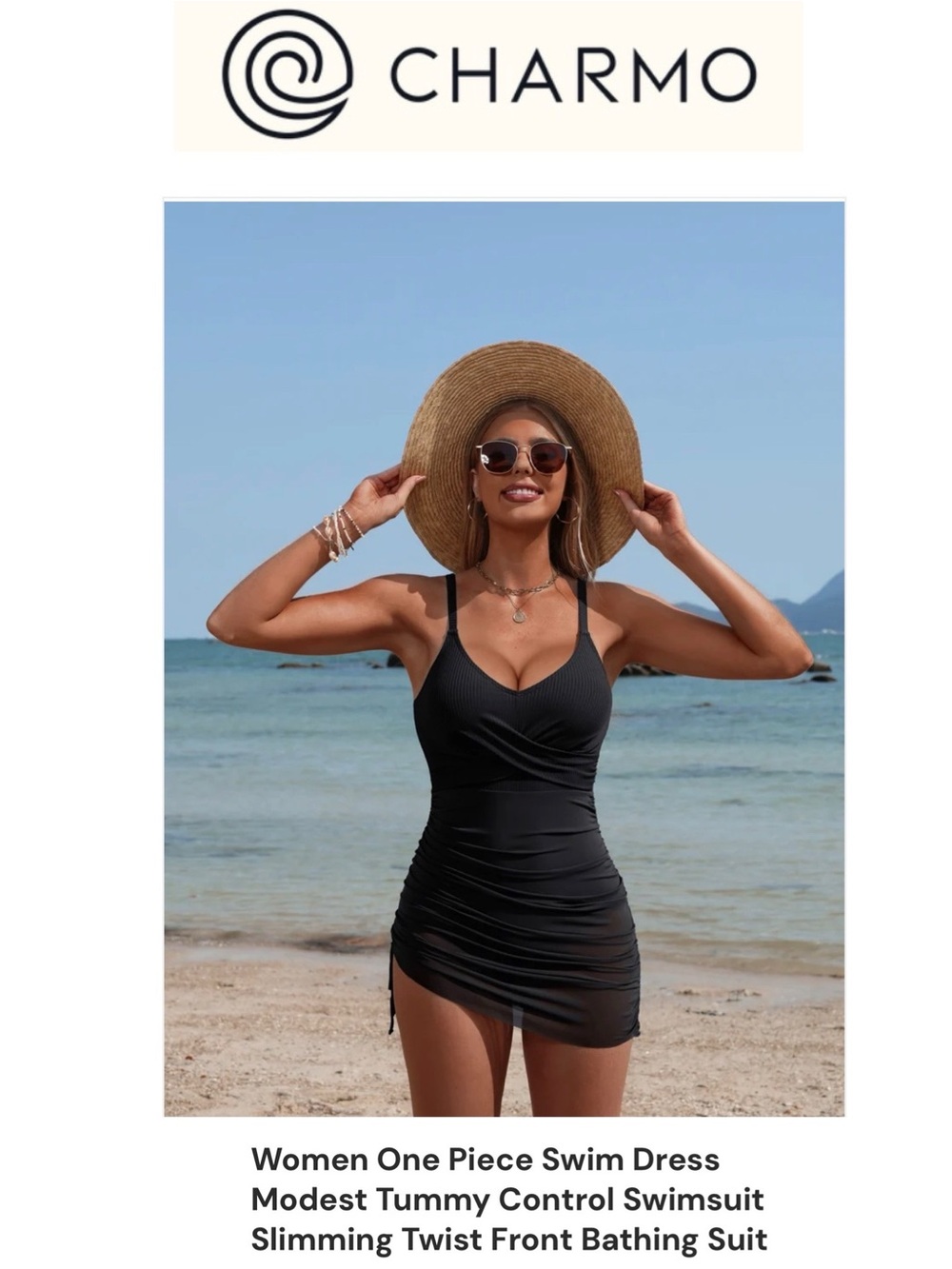 CHARMO Black One-Piece Swim Dress - Slimming Twist Front Mesh Skirt M NWT